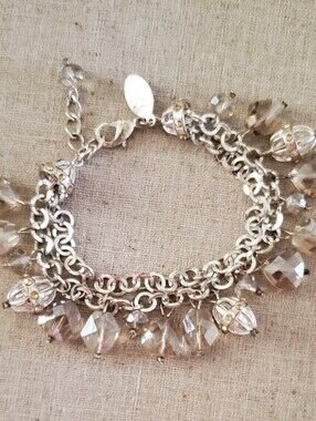 White House Black Market Silver Tone Smoky Crystal Faceted Dangle Charm Bracelet